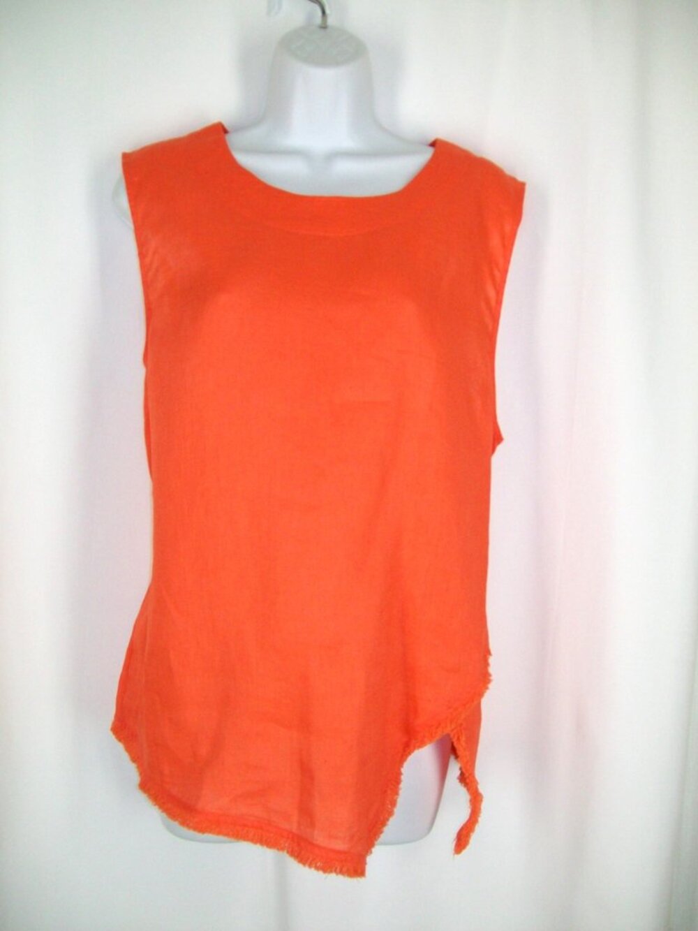 DKNY Orange 100% Linen Sleeveless Tank Top Blouse XL Fringe Asymmetrical Hem NEW